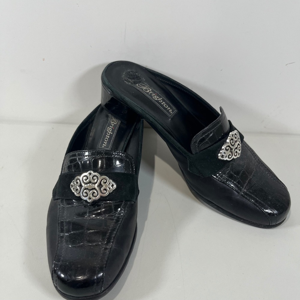 Vintage Brighton Avery Mules 7.5M Black Leather Croc Y2K 90s Western Classic